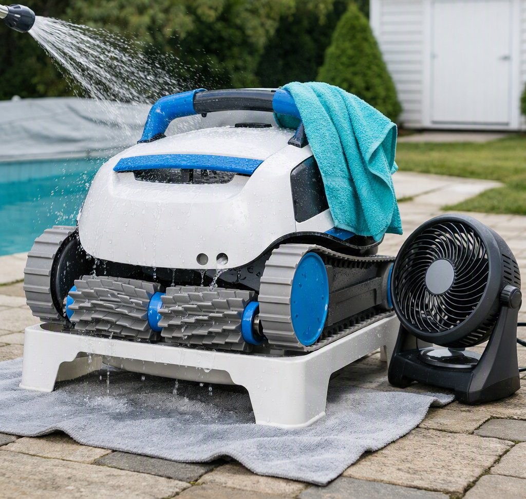 Robot de piscine rincé et séché