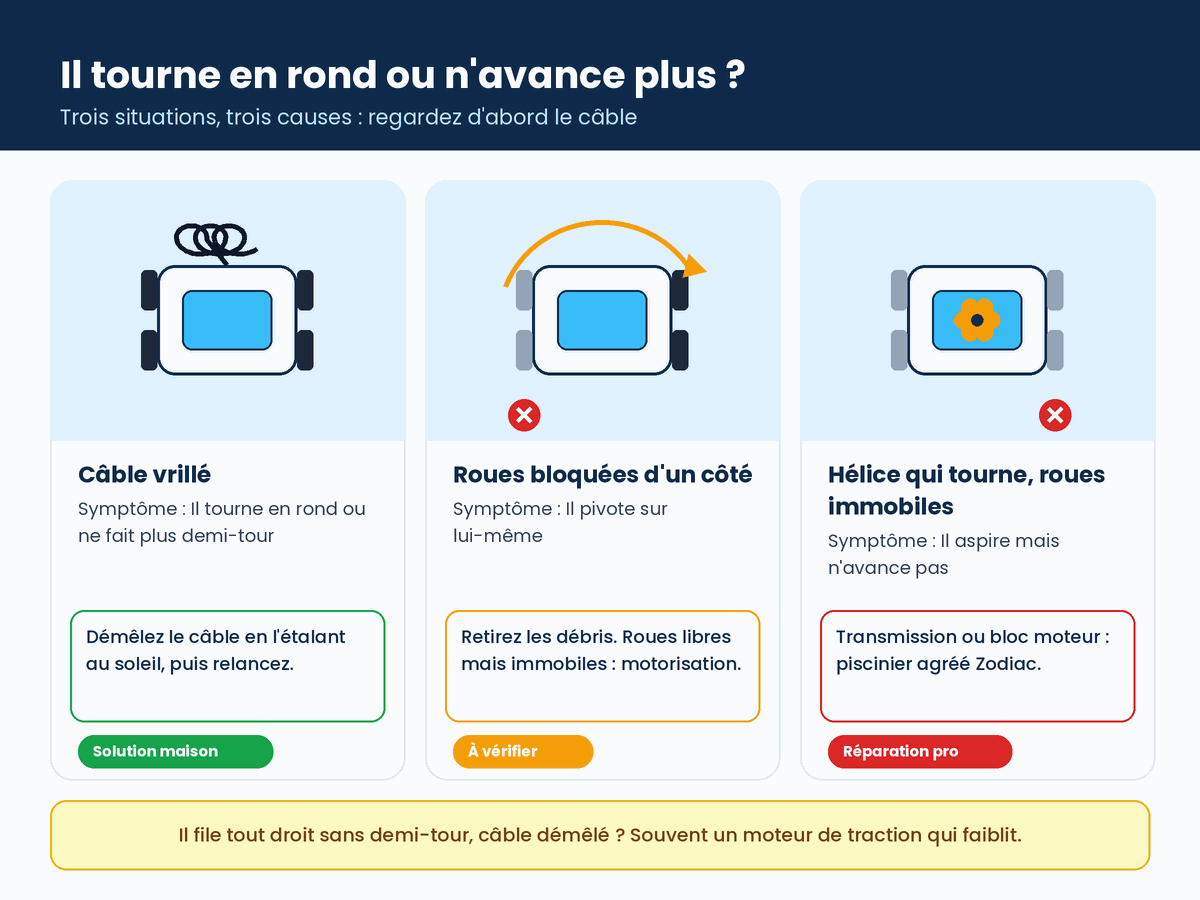 Zodiac Vortex 3 qui tourne en rond ou n'avance plus : câble vrillé, roues bloquées d'un côté, hélice qui tourne sans que les roues avancent, et la solution pour chaque cas